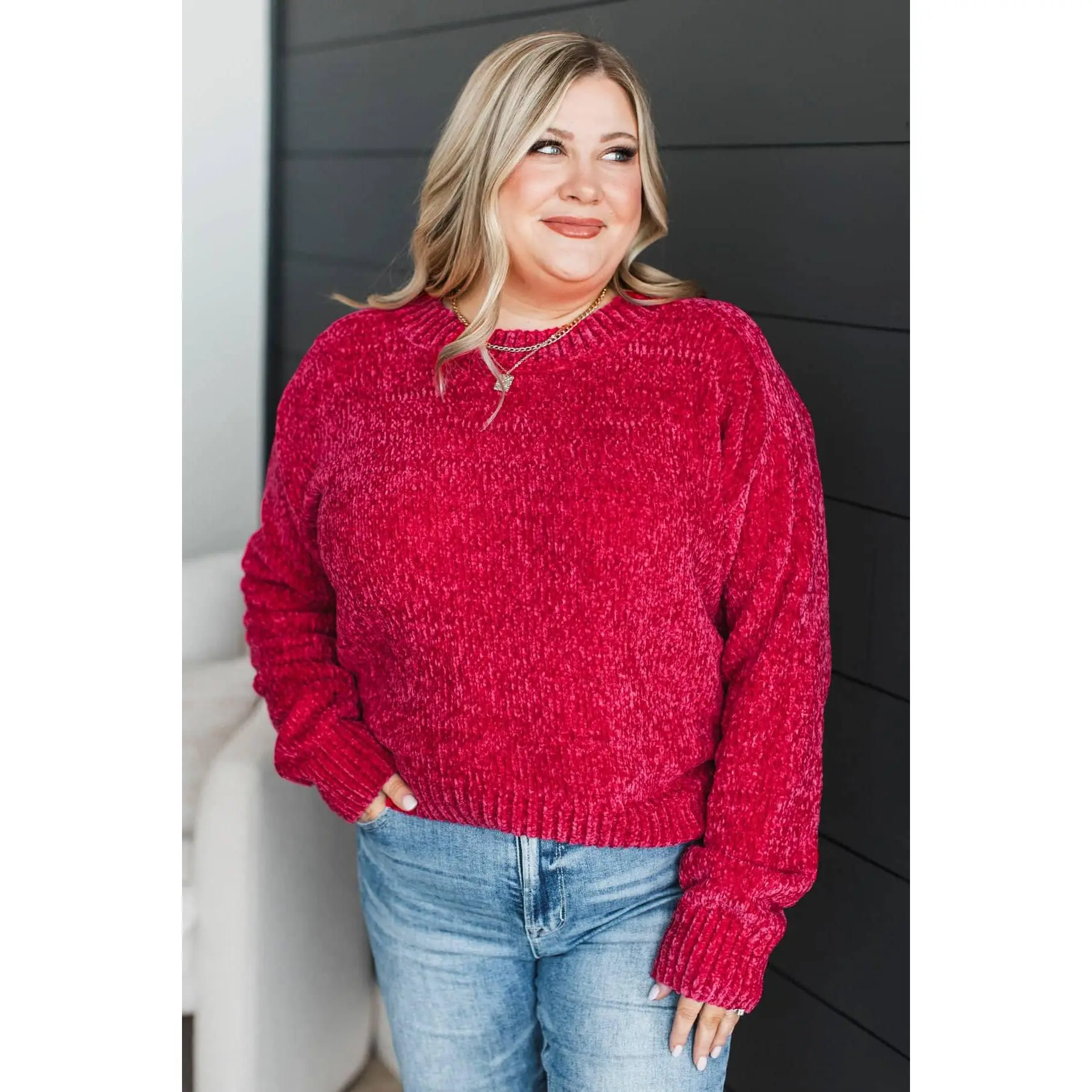 Women's Crimson Chenille Knit Sweater - Super Soft Basic Pullover with a Relaxed Fit, Round Neck and Drop Shoulders, Fabric, Knitwear, Casual, Sleeves, Tops, Relaxed Look, Long Sleeve, Cold Wash