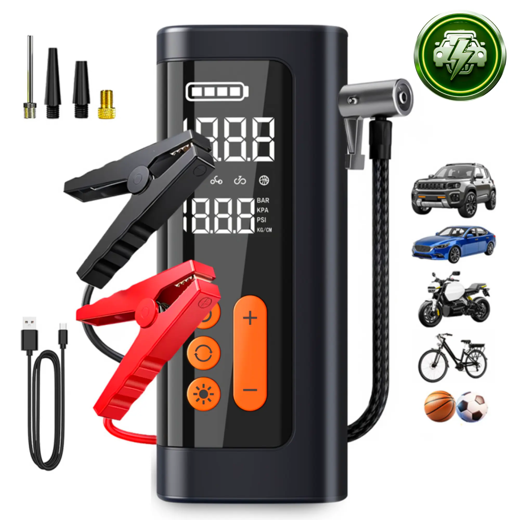 Portable Car Jump Starter with Air Compressor Car Battery Booster,Tire Inflator Pump,USB Power Bank,LED Flashlight for SUV Truck Motorcycle