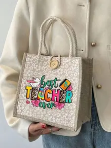 Teacher Print Linen Tote Bag, Reusable Women's Tote, Double Handle, Large Capacity, Casual, Ideal for School, Shopping, Gifts