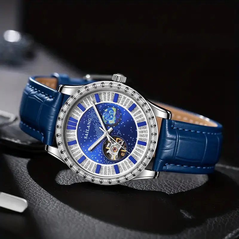 Mechanical Style Watch for Men, Casual Round Dial with Automatic Movement, Luminous Hands and Faux Leather Strap, Mechanical Style Watches