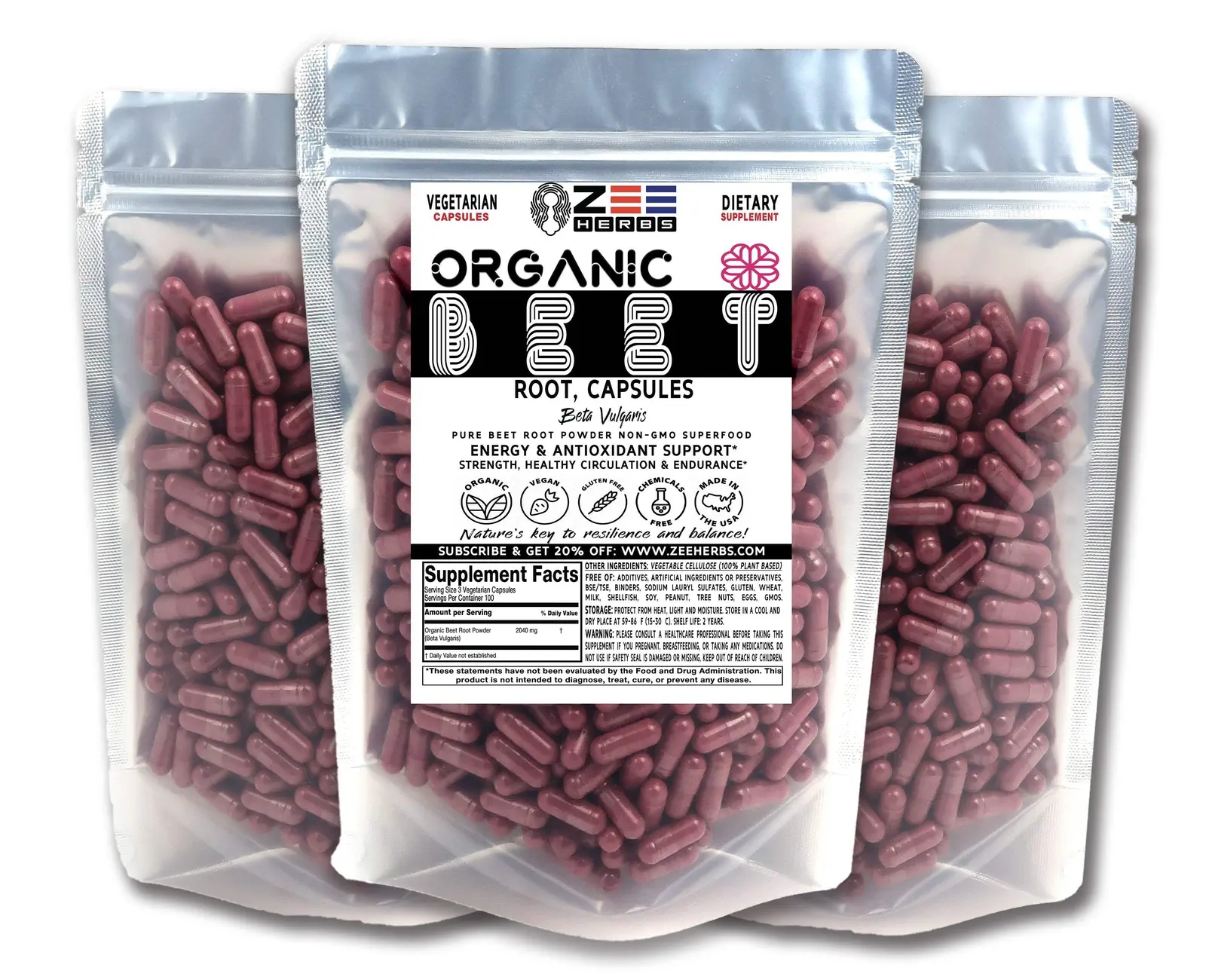 Organic Beet Root Capsules 2040mg, Beta vulgaris Superfood, Vegan, Non-GMO, Gluten Free, Daily Energy & Circulation Support