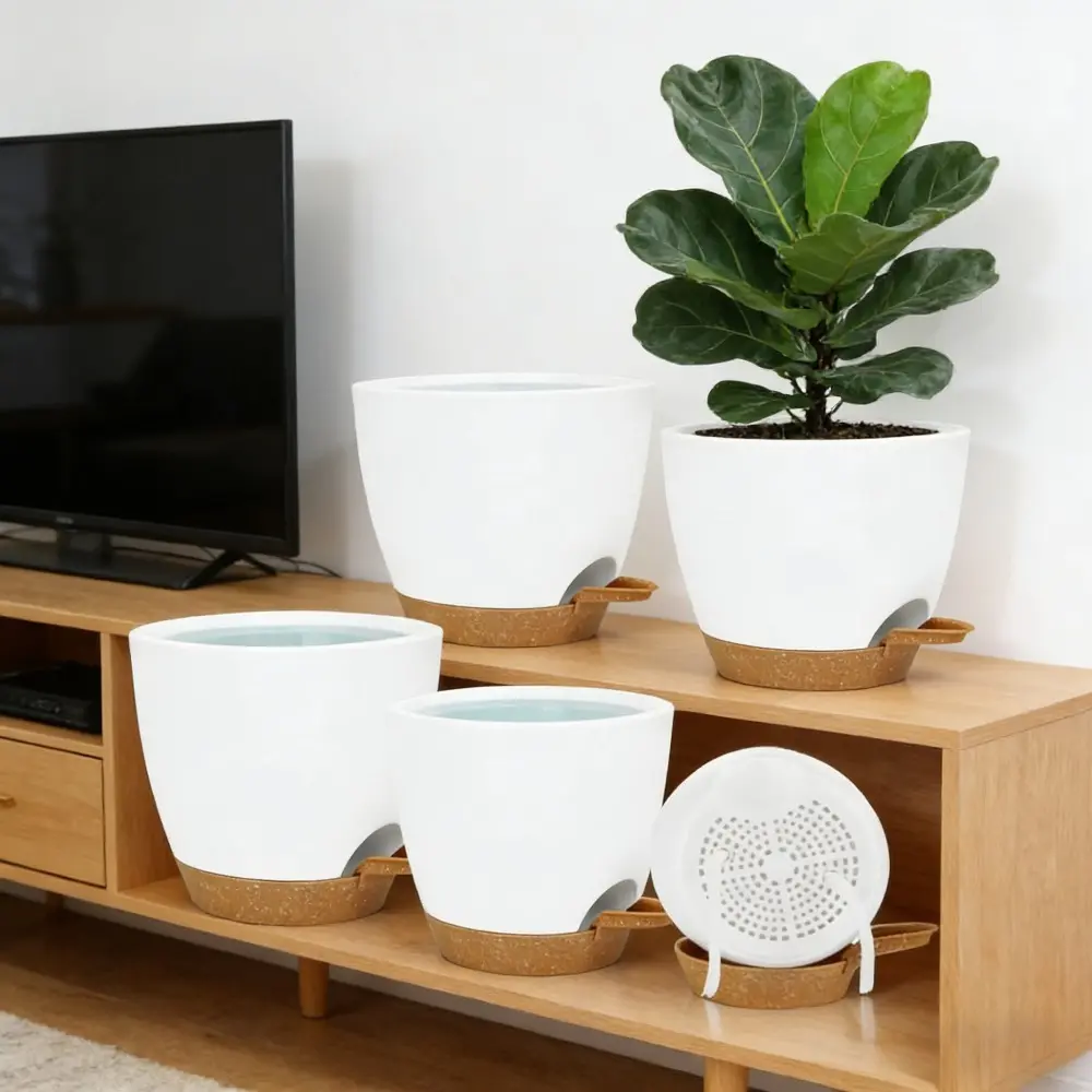 5Pcs Self Watering Planters with Drainage Holes Reservoir, Nursery Planting Pot for Indoor Decor Garden Plants Succulents, Snake Plant, African Violet, Plastic Flower Pots Set 7+6.5+6+5.5+5 Inch (White/Black)