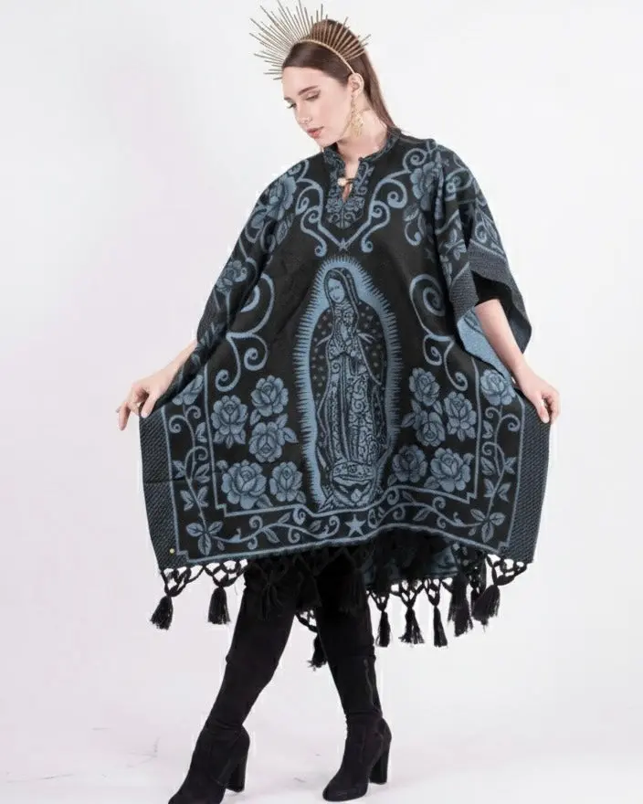 Guadalupe Poncho Black and Grey Blue