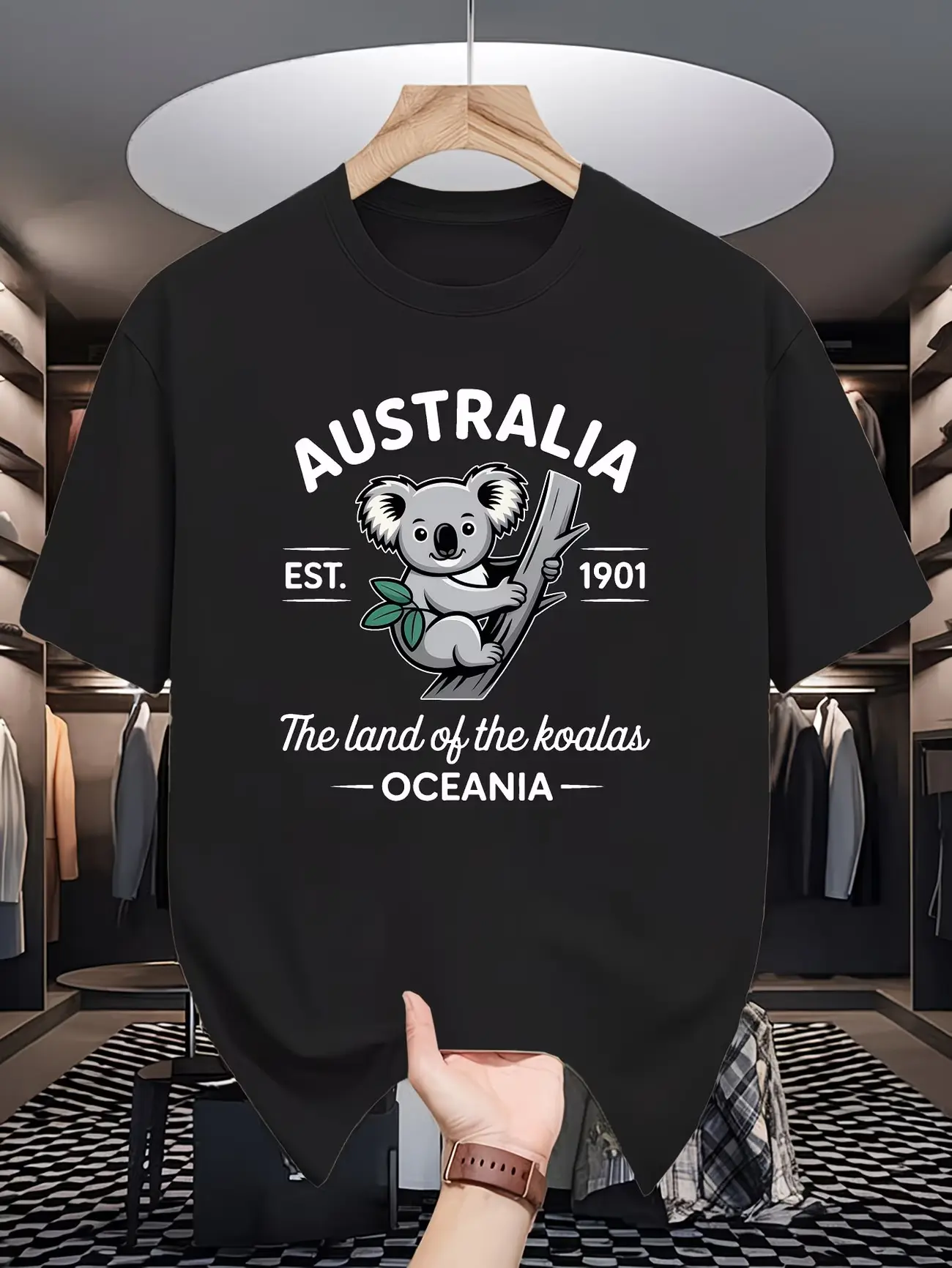 Crew Neck Graphic T-Shirt, Cute Koala Australia Oceania Vintage Chest Tee, Retro Country Animal EST Slogan Short Sleeve, Soft Cotton Loose Fit Top, Unisex Travel Vacation Casual Streetwear Outfit for Men