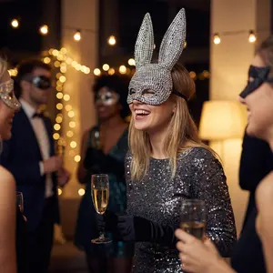 Animal Rabbit Cosplay Mask for Women, DIY Handmade Rhinestone Carnival Party Mask, Perfect for Halloween and Costume Parties
