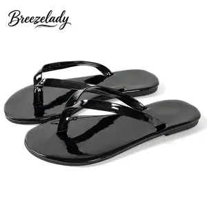 Women’s Black Patent Classic Elegant Minimalist Flip-Flop Sandals - Open-Toe Thong Footwear with Shiny Upper, Comfortable Non-Slip Sole, Lightweight Waterproof Shoes for Beach, Casual Summer Outings, Elegant Minimalist Sandals