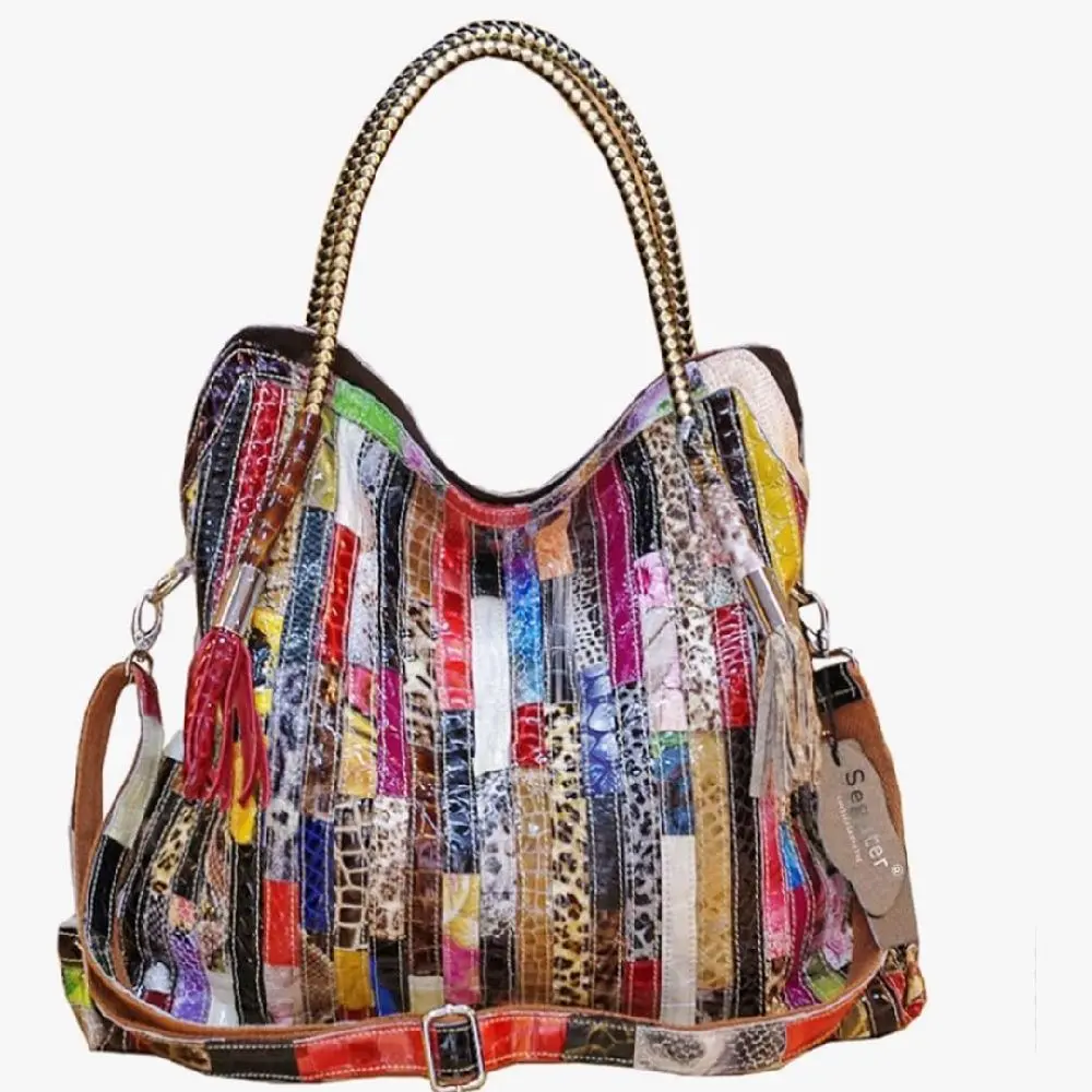 Multicolor Big Boston Bag Genuine Leather RANDOM Colorful Patchwork Large Tote Handbag Hobo Crossbody Purses