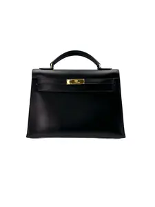 Pre-owned HERMÈS leather Tote Bags Hermes Kelly 32 Black Handle Bag With Gold Buckle