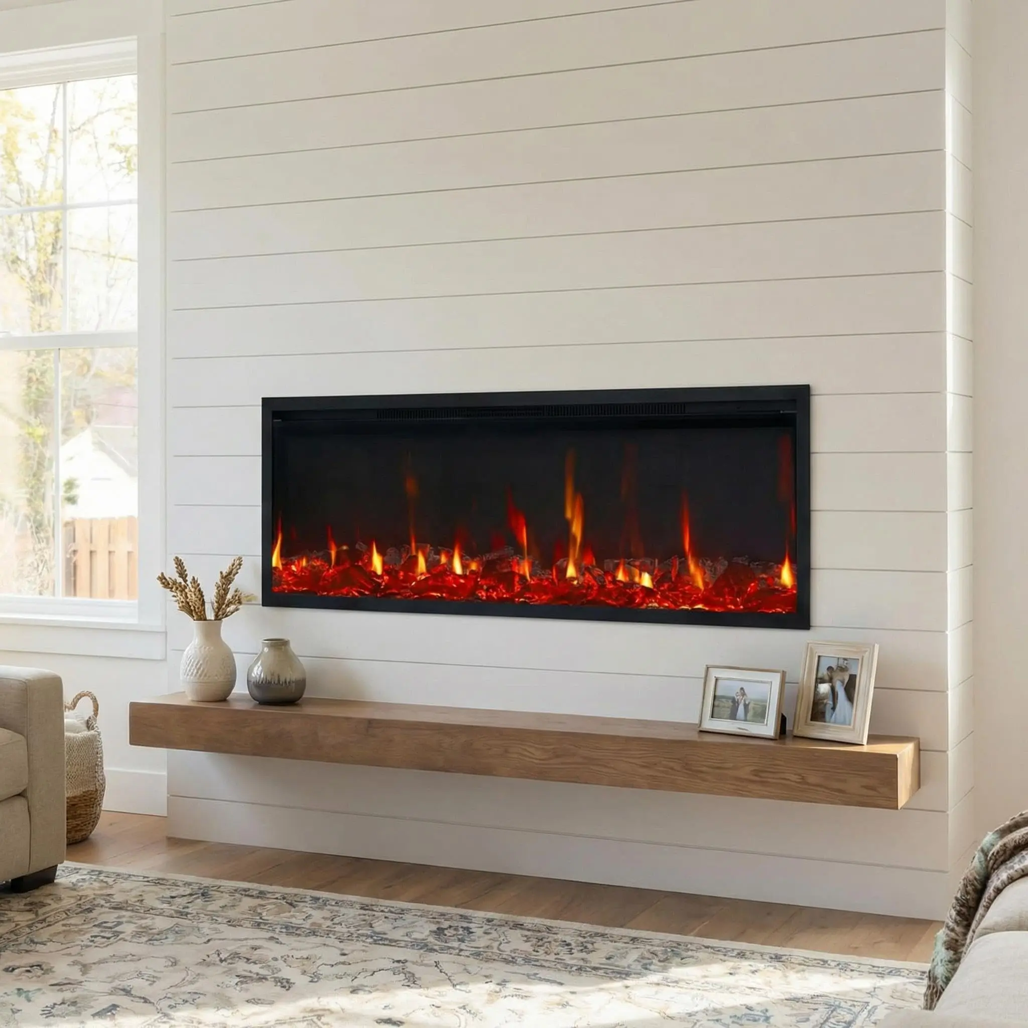 Garvee 50 Inch Electric Fireplace, Wall Mounted & Recessed Ultra Thin Heater Insert with Remote Control, 12 Flame Colors, Timer, Log Set and Crystal Embers