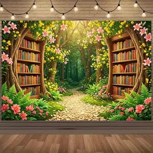 Backdrop for a Magical Forest Library - Featuring a Distinctive Passage And Bookshelf Layout - Ideal for Classrooms, Libraries, School Functions, Party Decor, And Home Background Decoration - Excellent for Photography