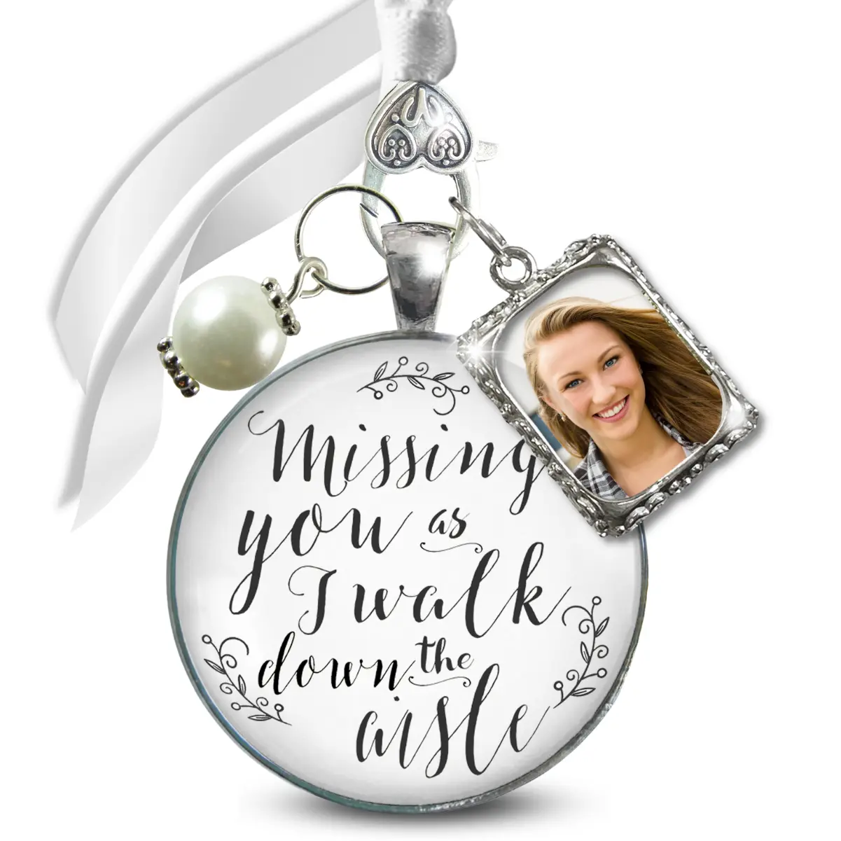 Wedding Bouquet Memorial Charm Missing You White Silver Tone Memory Photo Jewelry