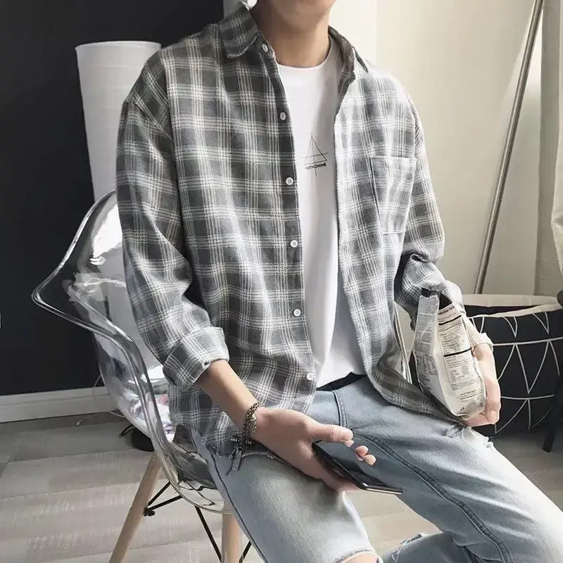 Men's Korean Style Plaid Flannel Shirt, Long Sleeve Loose-Fit Button-Up Casual Overshirt for Autumn Wear, Menswear, Button-Up Shirt, Flannel Fabric, Grid Pattern, M, Checked, Fashion