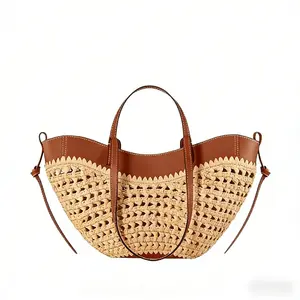 Hollow-out raffia and leather everyday bag, lightweight handcrafted tote for women. Perfect for daily use, beach outings, or Canal Street style. Spacious, stylish, versatile handbag with natural texture.