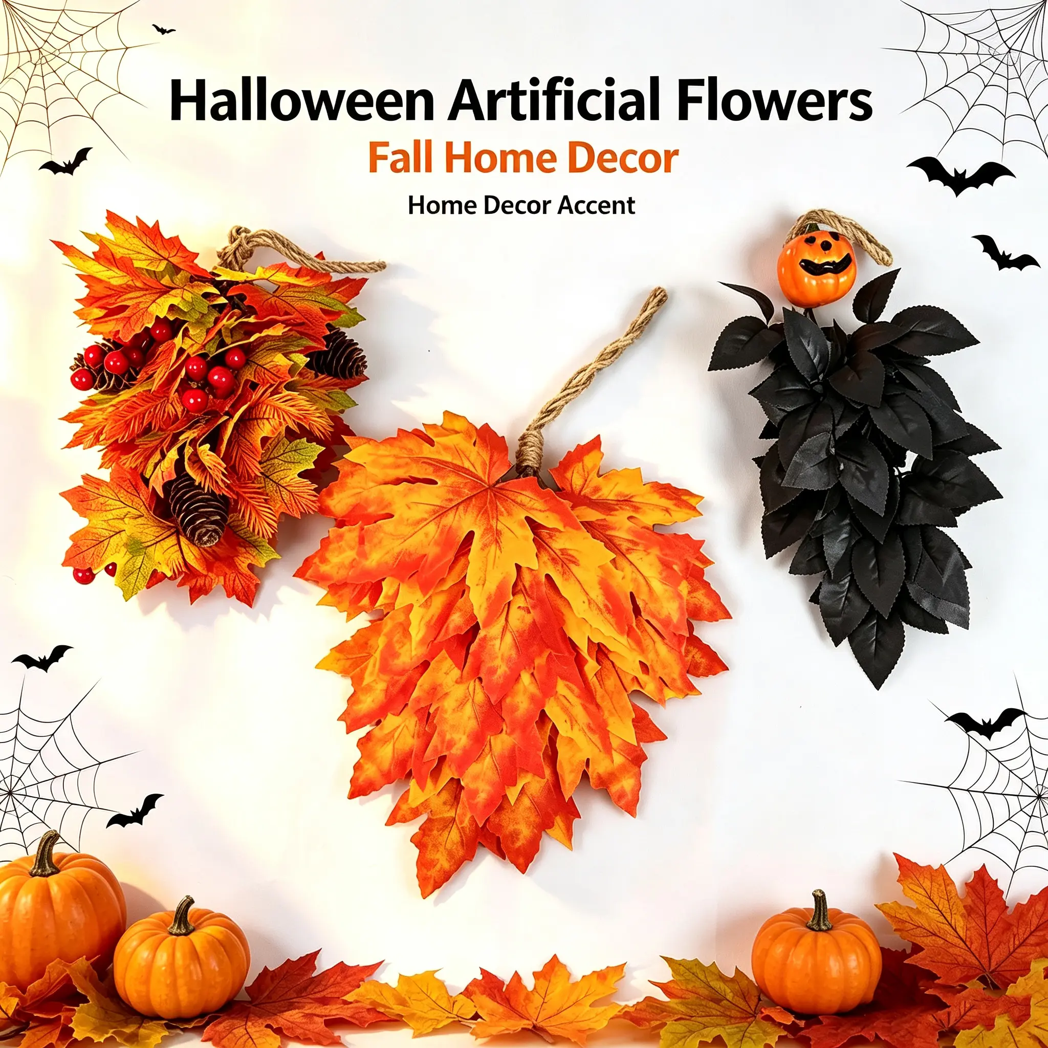 2PCS Artificial Pumpkin Door Hanger Swag Decor - Maple Leaves, Red Berries, Pinecones, Black Leaf Pumpkins, Teardrop Ornaments for Farmhouse Front Door, Indoor Home Holiday Use, Harvest and Thanksgiving Decor (Brings a Rustic Touch), Wall Ornament