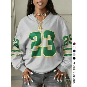 Women's V Neck Light Vintage Baseball Hoodie, Oversized Long Sleeve Casual Sweatshirt, Youthful Contrast Color, Fall & Winter