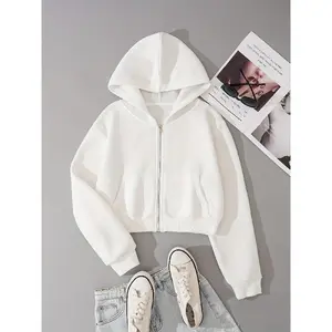 Zip-Up Cropped Hoodie, Long-Sleeve Sports and Leisure Sweater, Women’s Clothing