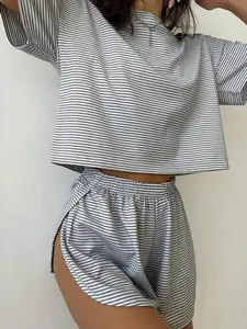 Women's 2 Piece Lounge Set Striped Short Sleeve Crop Top and High Slit Shorts Pajamas Cute Summer Outfits Sleepwear