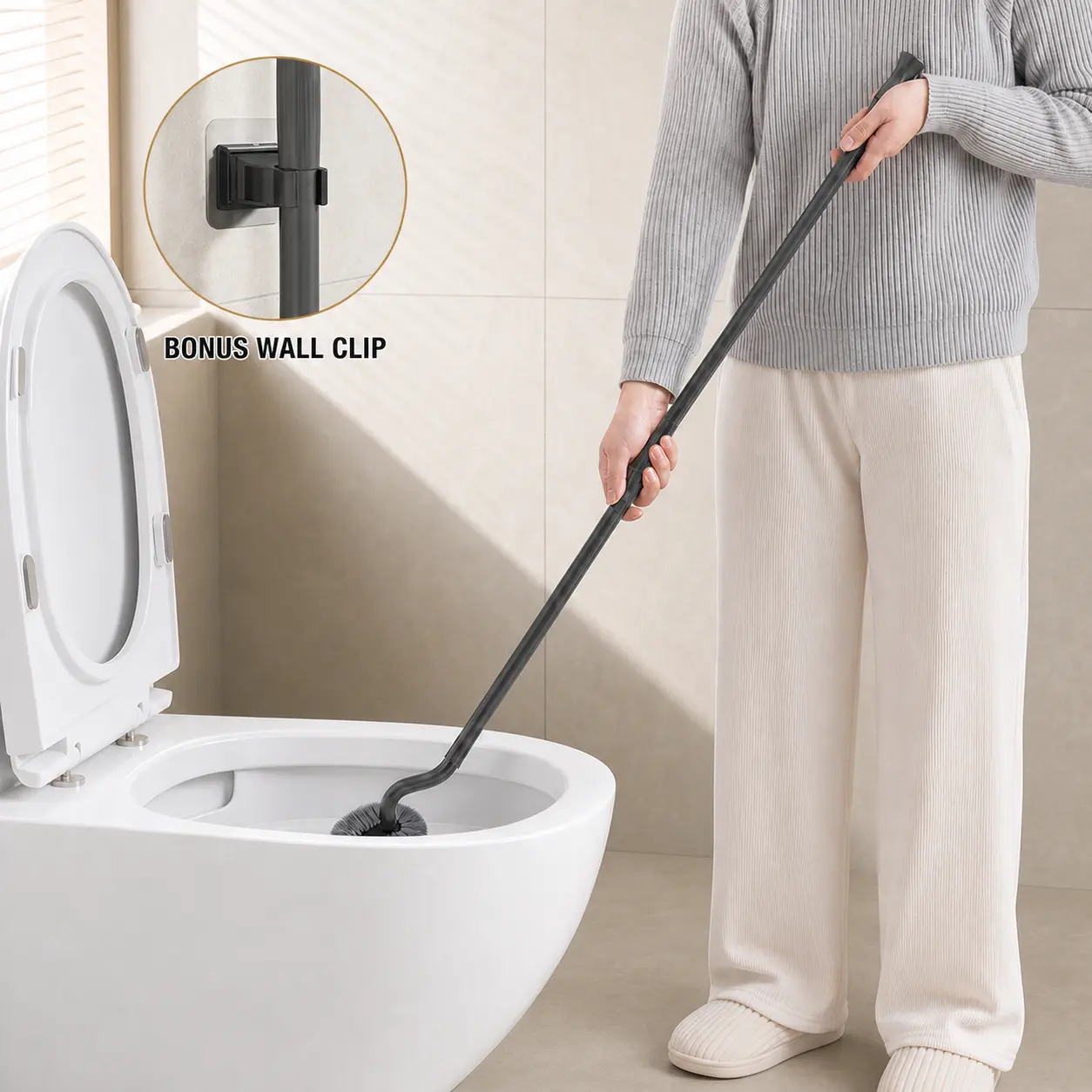 Telescopic Long Handle Toilet Brush Set, 2-Piece Carbon Steel S-Shaped Bristle Bowl Cleaner with Self-Adhesive Wall Clip