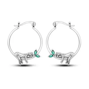 Sloth Huggie Hoop Earrings 925 Sterling Silver, Green CZ Leaf Accent, Cute Sloth Charm For Summer Vacation/Beach/Animal Lover/Birthday