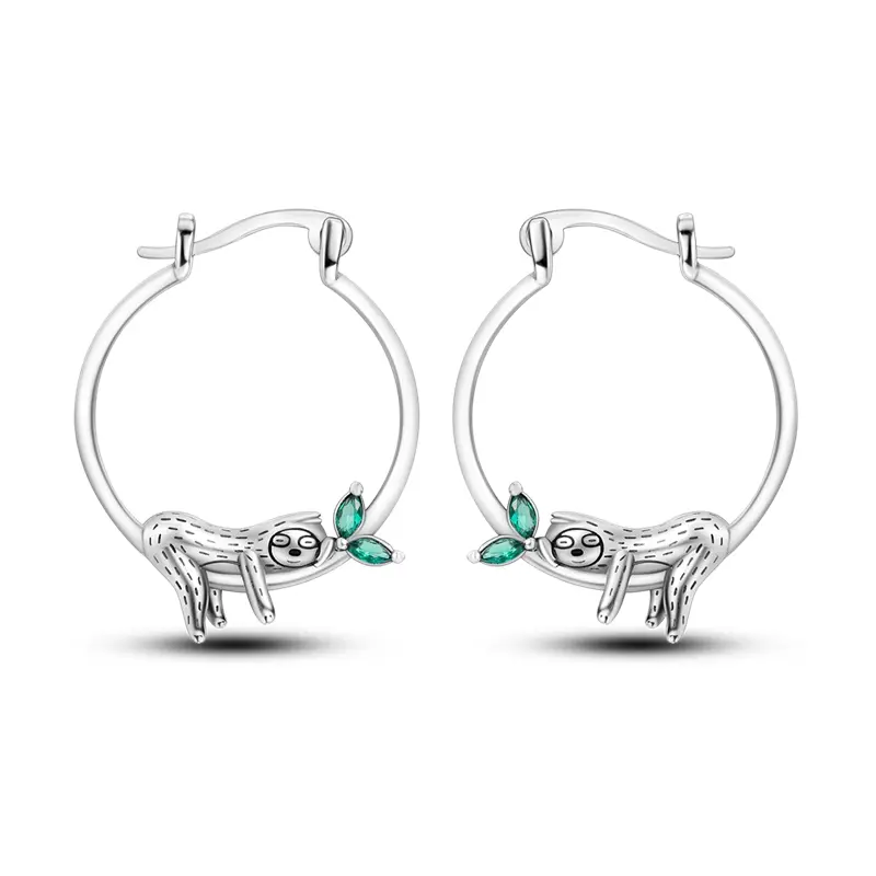 Sloth Huggie Hoop Earrings 925 Sterling Silver, Green CZ Leaf Accent, Cute Sloth Charm For Summer Vacation/Beach/Animal Lover/Birthday