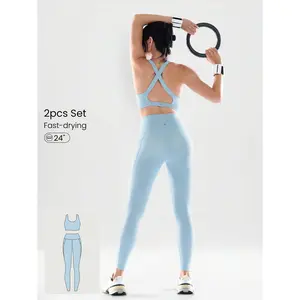 GLOWMODE 2pcs Powersculpt Flex Your Fit Sweat-Wicking Cool Feel Crisscross Back Wide Straps Sports Bra & 24" Leggings Set High Impact Workout Running Training Removable Cups Spring Summer