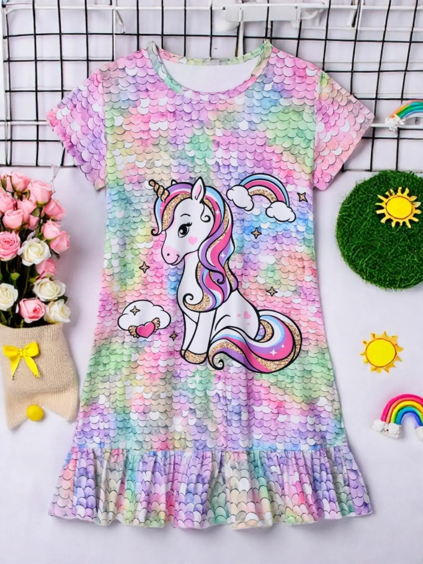 Girl's Cartoon Unicorn Print Dress, Cute Casual Soft Comfortable Round Neck Short Sleeve Nightgown, Kids Sleepwear for Summer, Sleepwear Dresses