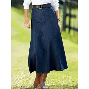 Women's high waisted Midi skirt, denim long skirt, all season stretch fabric, hidden blue, casual wearRAIMENTRY