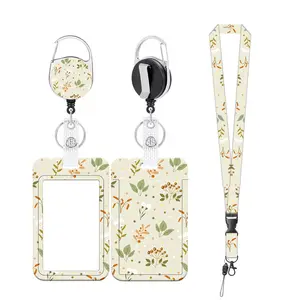 Leaf Pattern ID Badge Holder Set, 1 Count Lanyard & 1 Count Retractable Badge Reel & 1 Count Card Protector, Identification Badges & Supplies
