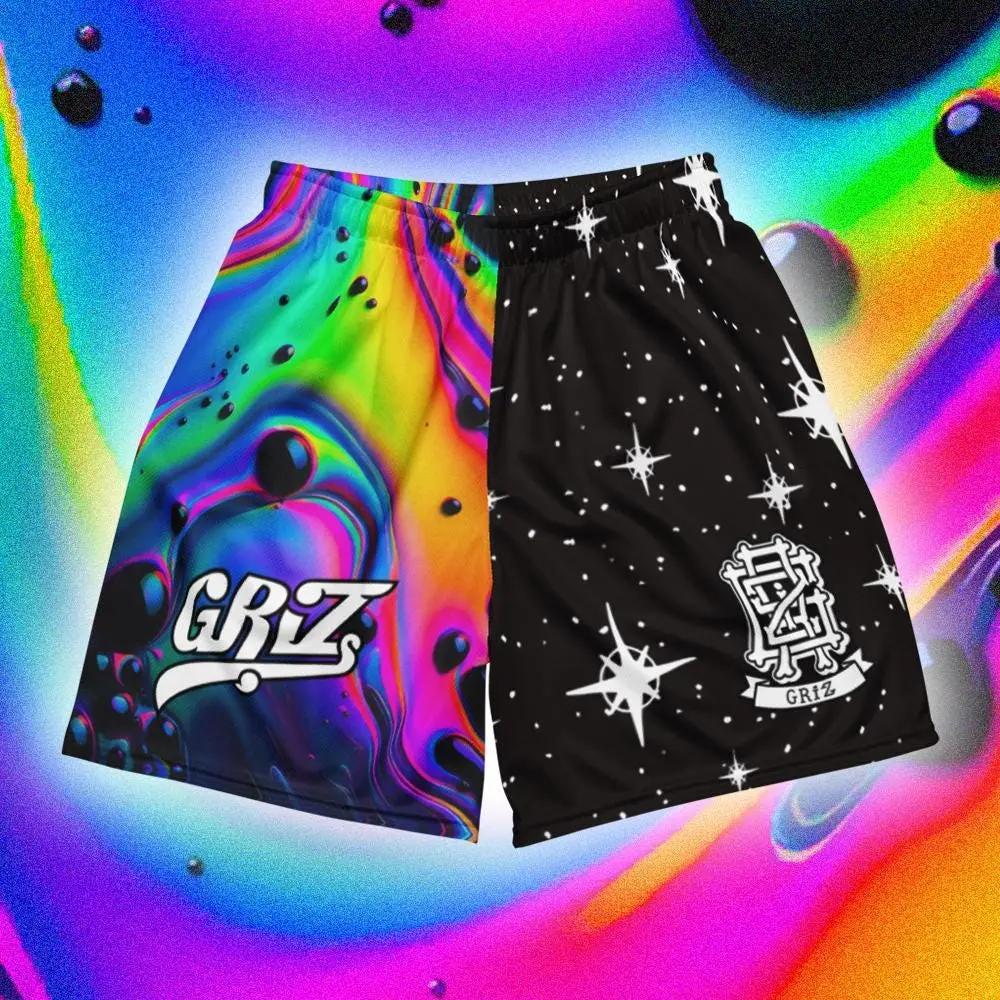 GRiZ Trippy Split Mesh Shorts  Psychedelic EDM Rave Outfit Graphic Shorts | Starry Celestial Festival Wear