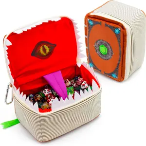 Mimic Tome Dice Chest and Dice Case with 7 Included RPG Dice - Plush Dice Bag with Zipper Closure and Carabiner for 250 DnD Tabletop Dice