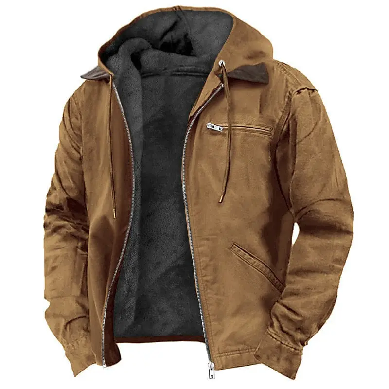 Men's Ordinary Casual Hooded Fleece Coat - Solid Polyester Fabric, Stylish Warm Zip-Up Long-Sleeve Winter Outwear, Topstitched Pockets, Straight Hem, Loose Fit, Youth-Targeted Daily Wear Blue Jacket (Check Size Chart)