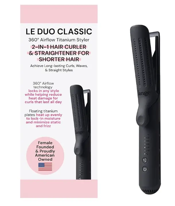 L’Ange Hair Le Duo Standard 360° Airflow Styler | Curl & Straighten with One Tool | 3.5" Snag-Free Titanium Plates | Cooling Air Vents to Set Curls | Adjustable Temp & Auto Shut-Off | Black
