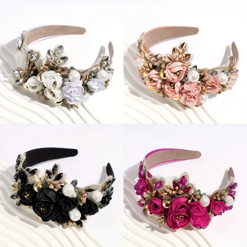 Baroque Floral Headbands on Forehead for Women, Handmade Bridal Wedding Hair Accessory with Rhinestones and Faux Pearls, Polyester, Bling Hair Fashion, Elegant Rhinestones, Forehead Hair Accessory