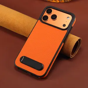 iPhone 17/16/15/14/13 Pro Max Case, Lychee Patterned PU Leather Magnetic Wireless Charging Bracket Phone Cover, Denior Design