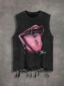 Men's Cartoon Lip Print Round Neck Tank Top, Regular Fit Street Fashion Casual Sleeveless Top for Summer, Men's Clothes for Daily Wear, Solid Sleeveless Menswear, Cotton Breathable Tank Tops, Streetwear Tank Vest