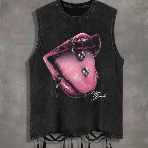 Men's Cartoon Lip Print Round Neck Tank Top, Regular Fit Street Fashion Casual Sleeveless Top for Summer, Men's Clothes for Daily Wear, Solid Sleeveless Menswear, Cotton Breathable Tank Tops, Streetwear Tank Vest