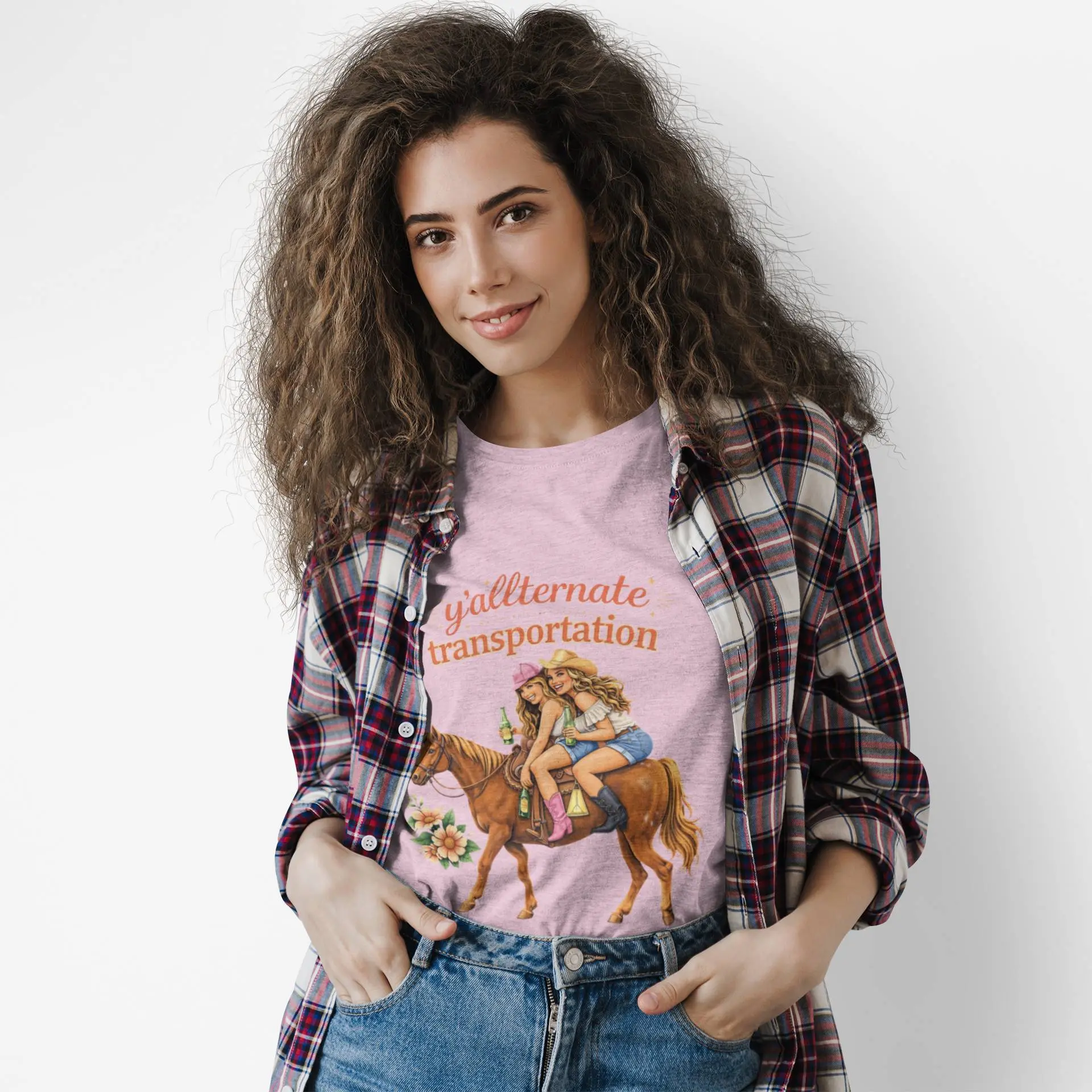 Women's Vintage Breathable Short-Sleeve Fabric Graphic Tee - Y'allternate Transportation Design, Cowgirl Friends on Horseback, Bestfriends