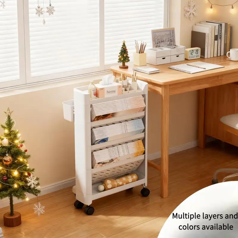 5 Layer Rolling Bookshelf with Locking Casters, Mobile Storage Cart, Bookshelf Rack, Adjustable Book Organizer for Home Office Classroom Use, Cart with Wheels