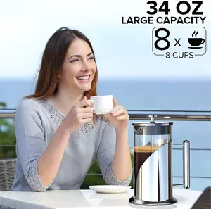 QUQIYSO French Press Coffee Maker 34 Oz Large Stainless Steel + Glass Coffee Press Set with Cups Brush Spoon, Portable Coffee Presses with 4 Level Filter, For Home, Camping, Travel