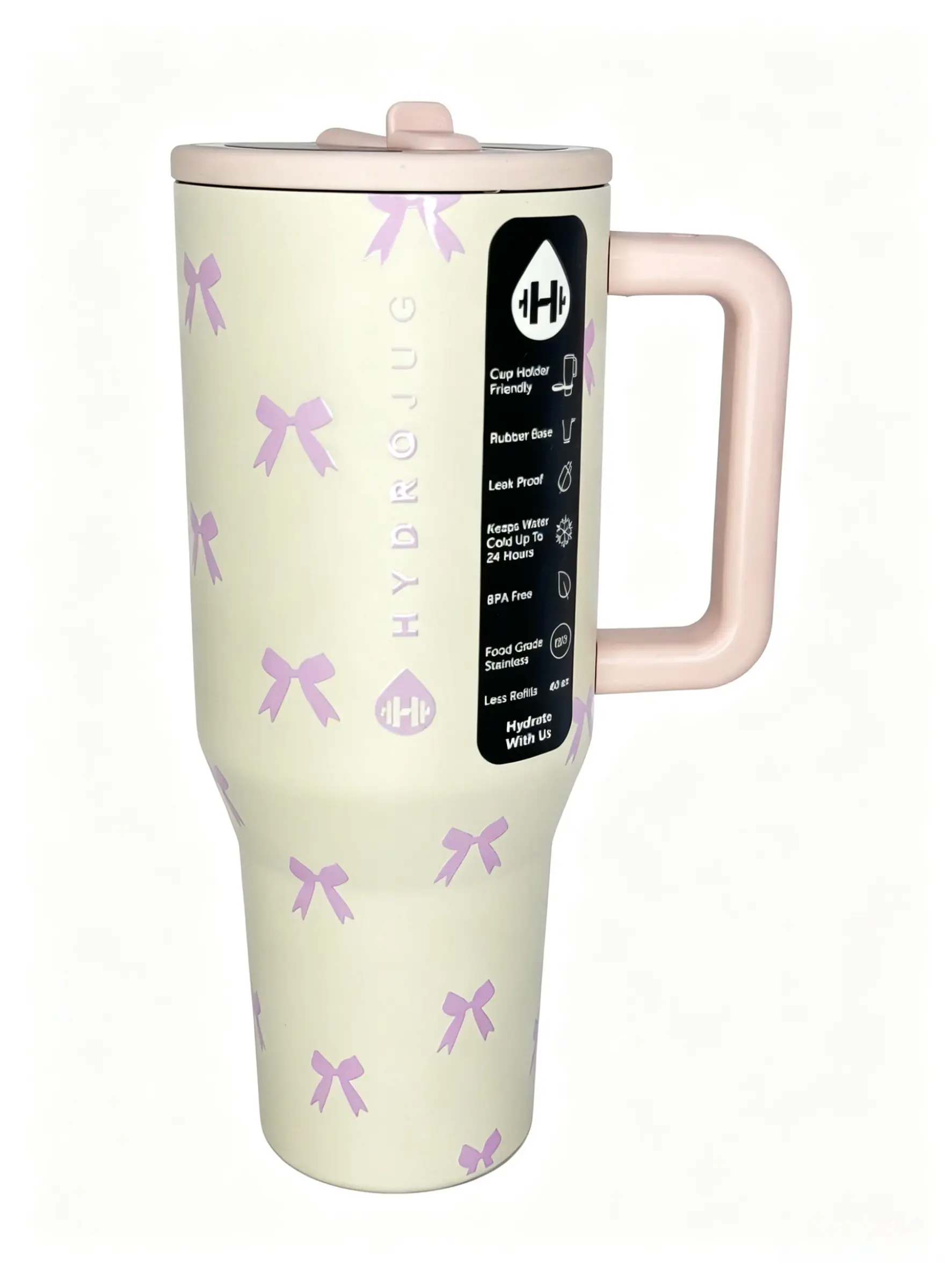HydroJug 40oz Pink Bow Print Insulated Tumbler with Handle & Flip Straw 24H Cold Keep Leakproof BPA-Free Cup Holder Friendly Cute Water Bottle Drinkware Flasks