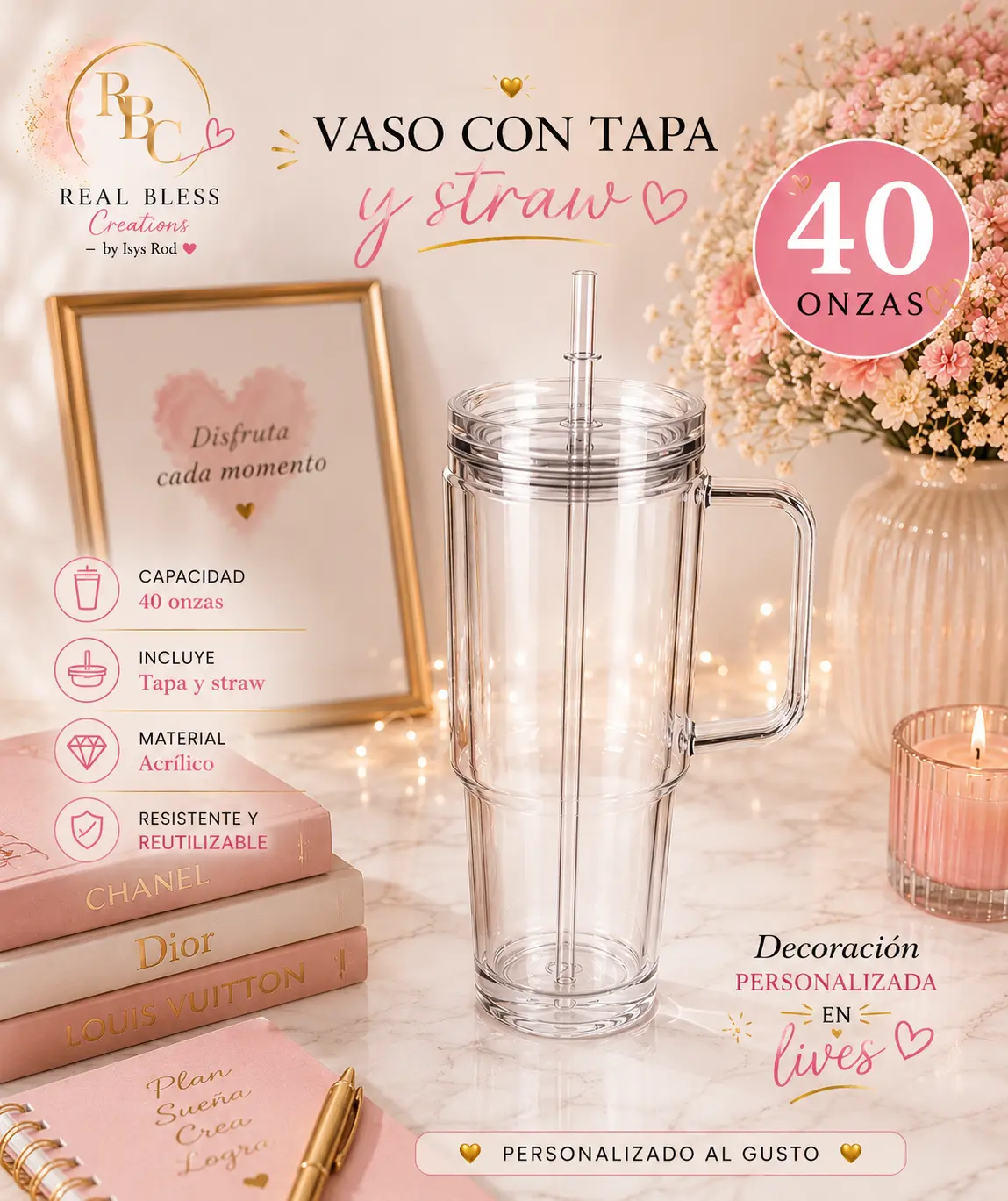 Personalized 40 oz Tumbler with Lid & Straw / Vaso Personalizado de 40 oz con Tapa y Straw