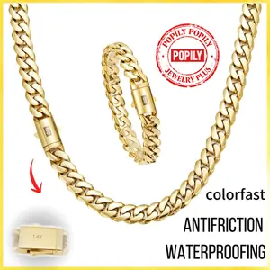 Set 2PCS 14K Gold Vacuum Plated Stainless Steel with Copper Black “S” Clasp Miami Cuban Link Chain 6–14mm Necklace & Bracelet Italy/Mexico Micro Inspired Unisex Luxury Jewelry for Women & Men Daily Wear Mother's Day and Father's Day Gifts