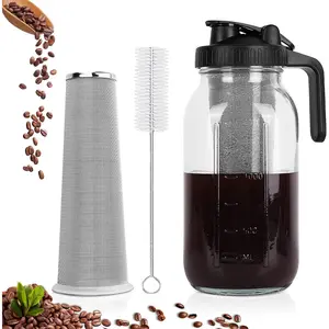 Cold Brew Coffee Maker, 64 oz Wide Mouth Mason Jar Pitcher with Stainless Steel Filter, Pour Spout Handle Lid, Heavy Duty Glass Airtight & Leak-Proof Pitcher for iced coffee & Tea Lemonade Beverage Metal Plastic Pots
