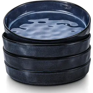 33oz Pasta Bowls Sets of 4, Wide Shallow Stoneware Dinner Salad Plates, 8.25'' Large Ceramic Serving Bowls for Noodles, Soup, Cereal, Microwave & Dishwasher Safe, Cetacean Blue