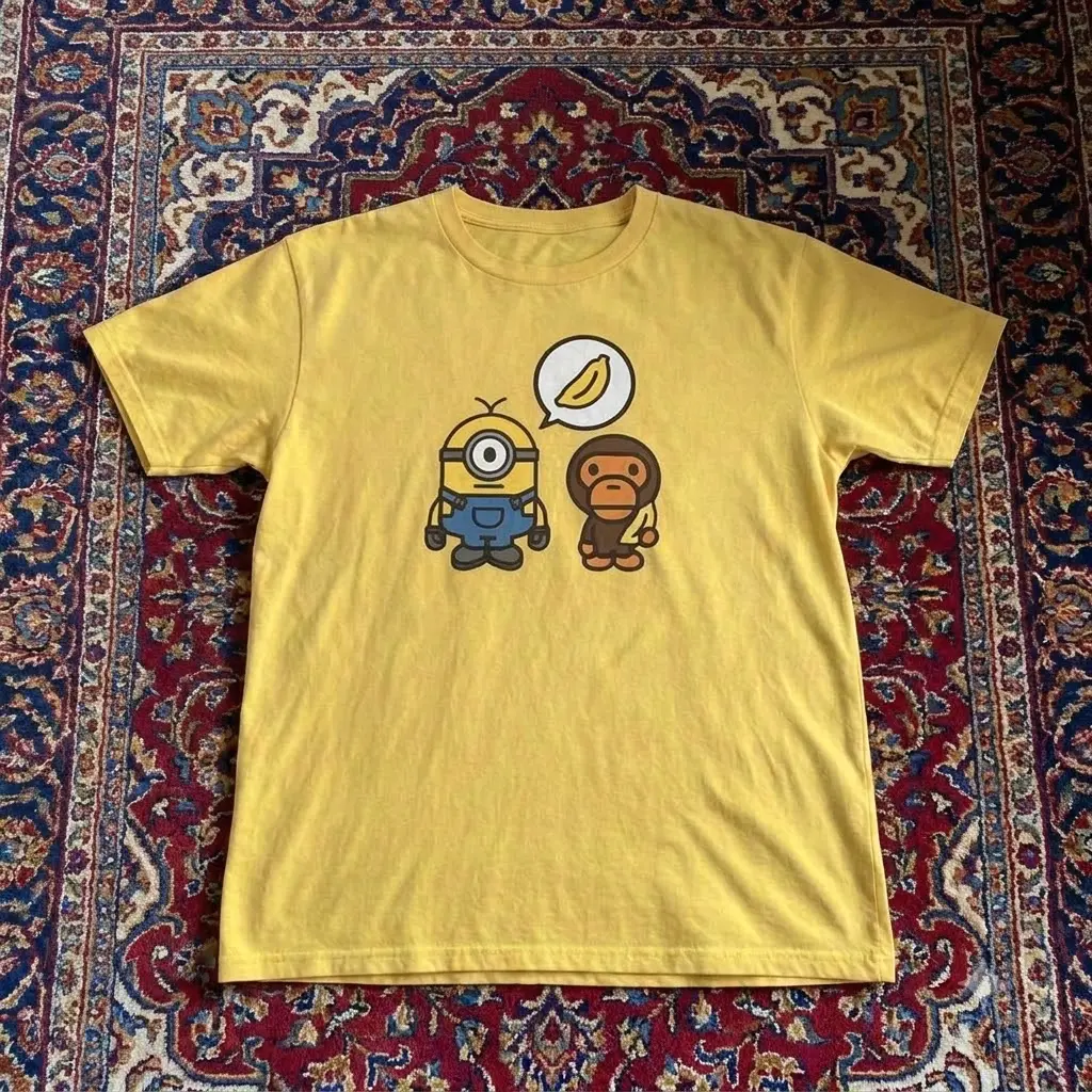 Minion & Monkey Banana Graphic Tee | Bright Yellow Cartoon Character T-Shirt | Funny Retro Y2K Statement Top
