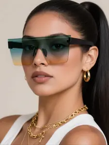 Women's Tinted Lens Rimless Sunglasses, Trendy Casual Wide Square Frame Sunglasses for Everyday Use, Fashion Accessories for Outdoor Activities, Modern Sunglasses