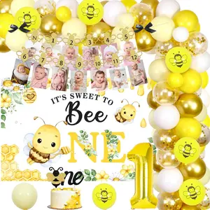 1Set Bee 1anniversary Birthday Party Decorations Its Sweet To Bee One Balloon Garland Arch Kit with Backdrop Photo Banner Cake Topper for First Birthday Party Supplies