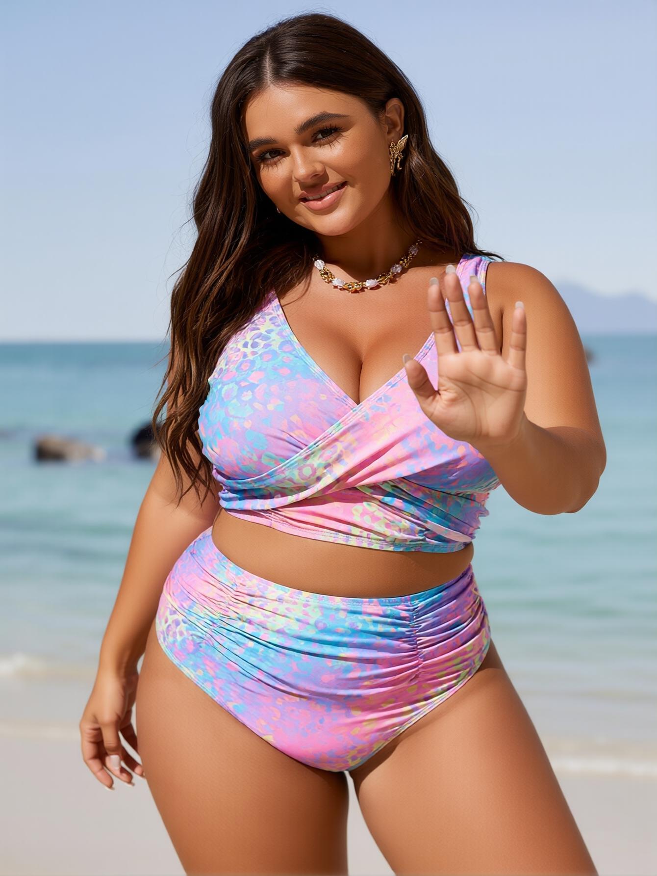 Tropical Style Plus Size Tie Dye Print High Waist Two Piece Bikini Set Tummy Control Beachwear