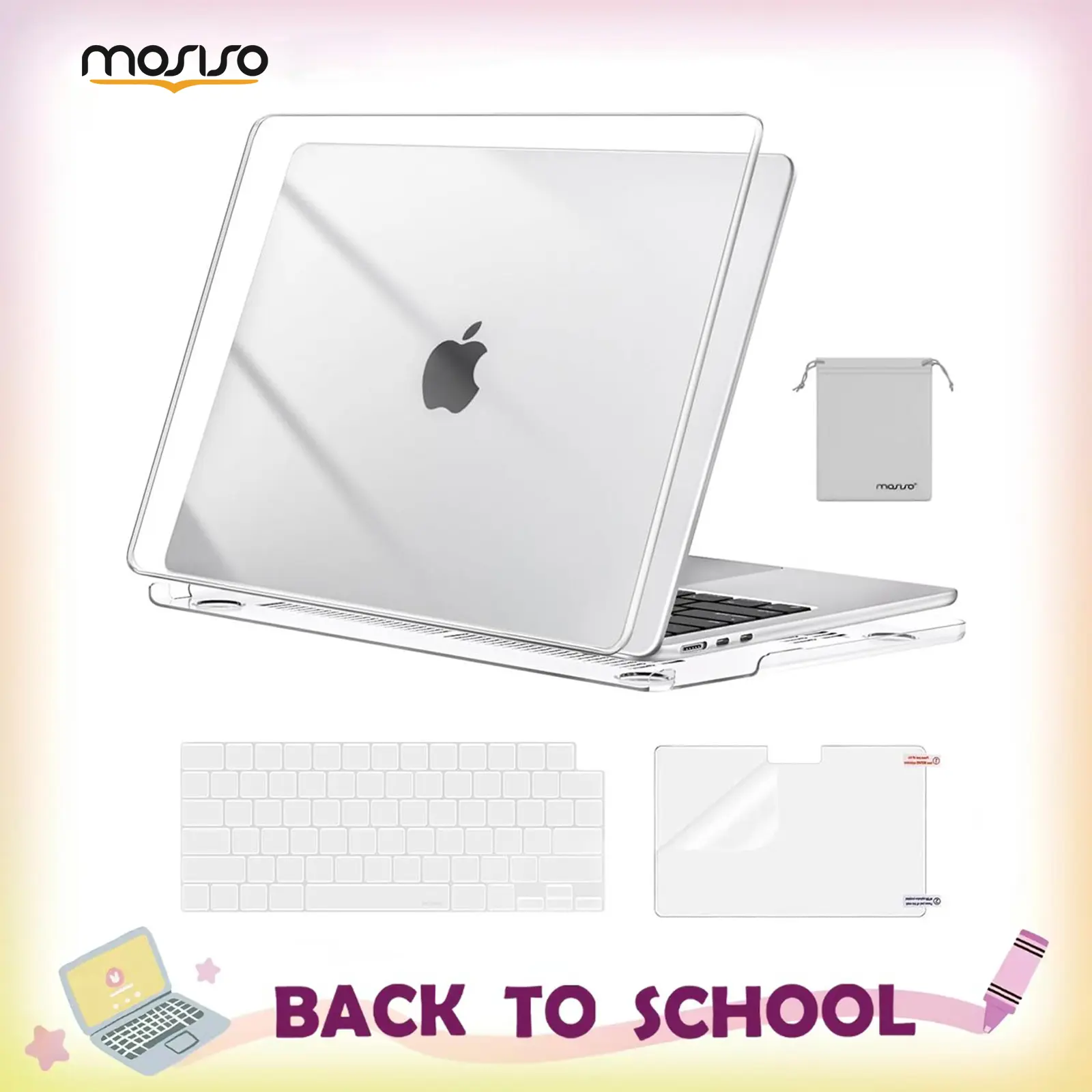MOSISO Solid Flexible Water Resistant Anti-Slip Polycarbonate Thin Hard Shell Case Bundle for 13.6in MacBook Air (M5 2026, M4 2025, M3-M2 2024-2022, A3449, A3240, A3113, A2681) - Includes Keyboard Cover, Screen Film, Pouch, Screen Protector, Plastic, Exac