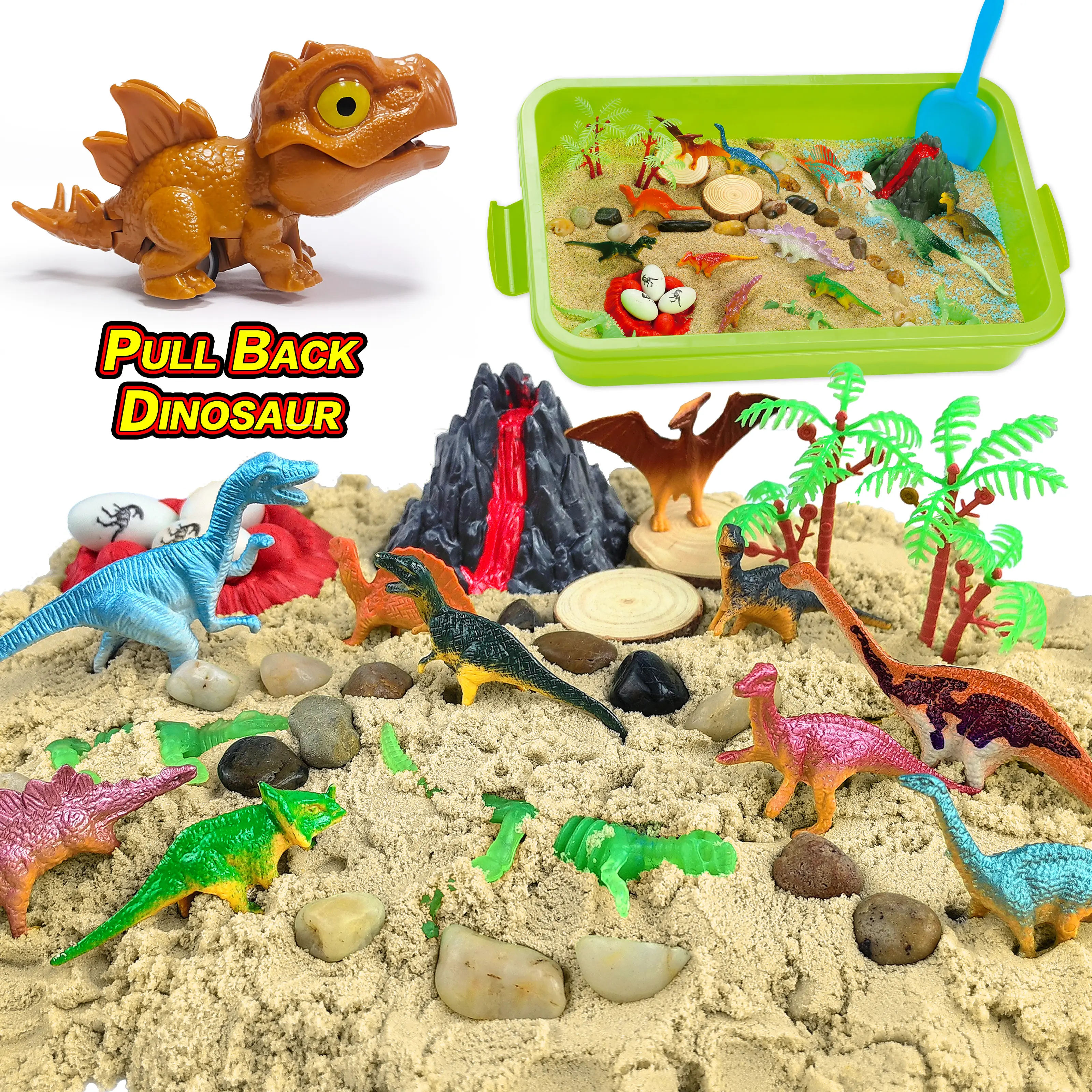 Dinosaur Sensory Bin,Dinosaur Sandbox,Kid Play Sand Kit with Sensory Sand and Glow in The Dark Dinosaurs,Sensory Sand Play Kit for Kids 3 4 5 6 7